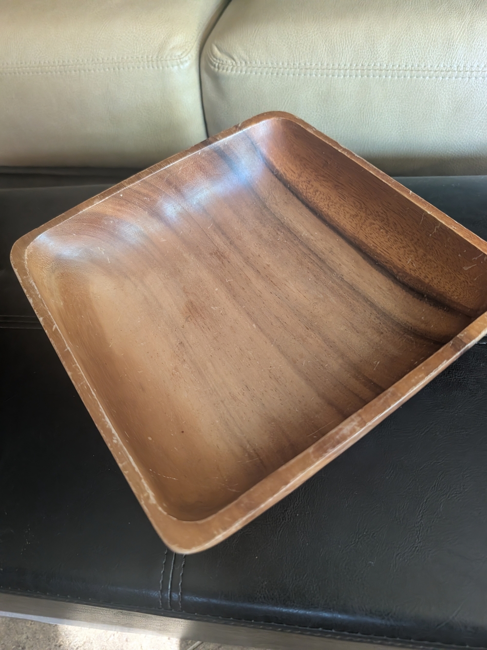 Hand-Carved Wood Square Tray in Brown